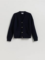 Wełniany kardigan - granatowy. Niebieskie kardigany Reserved, l, bez wzorów, z dzianiny. Za 219.99 zł.