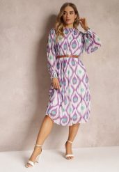 Fioletowa Sukienka Ozdobiona Wzorem i Plisowaniem z Paskiem w Komplecie Bertina. Fioletowe sukienki Renee, l, bez wzorów, eleganckie, bez kołnierzyka, bez ramiączek, midi. Za 109.99 zł.