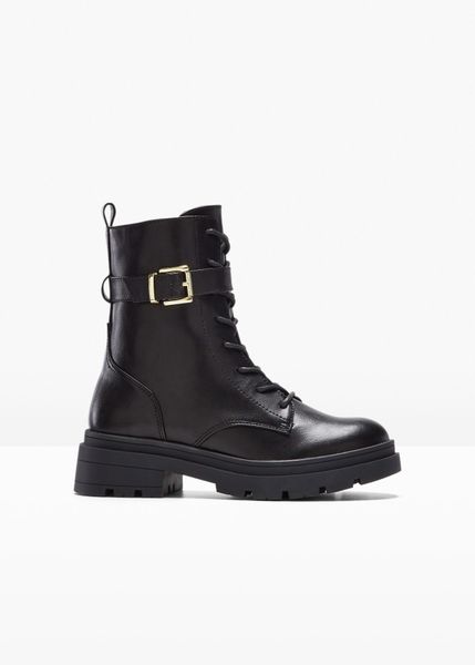 Botki sznurowane ze sprzączką. Czarne botki bonprix, bez wzorów, bez obcasa, bez zapięcia. Za 189.99 zł.