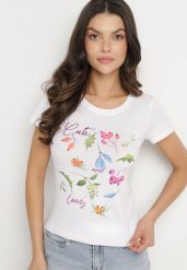 Różowy Bawełniany T-shirt z Ozdobnym Nadrukiem Zaromira. Białe t-shirty Born2be, l, bez wzorów, z bawełny, bez kołnierzyka, bez ramiączek. W wyprzedaży za 29.74 zł.