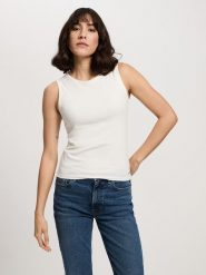 Cross Jeans Top w kolorze białym rozmiar: S. Białe topy Cross Jeans, s, bez wzorów, z jeansu, bez kołnierzyka, bez ramiączek. Za 44.45 zł.