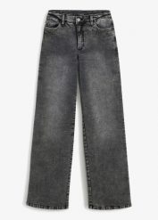 Jeansy Marlena z ćwiekami, high waist. Szare jeansy bonprix, bez wzorów, z podwyższonym stanem. Za 169.99 zł.