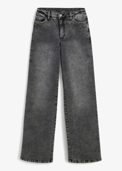 Jeansy Marlena z ćwiekami, high waist. Szare jeansy bonprix, bez wzorów, z podwyższonym stanem. Za 169.99 zł.