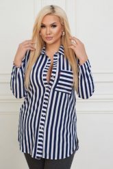Elegancka długa zapinana koszula w paski PLUS SIZE XXL. Koszule Nasi partnerzy, plus size, bez wzorów, z poliesteru, eleganckie, bez kołnierzyka, plus size, bez ramiączek. Za 199.90 zł.