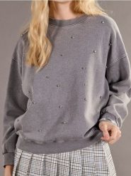 Bluza z efektem sprania i kryształkami - szary. Szare bluzy Sinsay, l, bez wzorów, bez kaptura. W wyprzedaży za 25.99 zł.