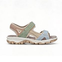 Sandały trekkingowe Clara. Sandały Rieker, bez wzorów, z materiału, z otwartym noskiem, bez obcasa, na obcasie, bez zapięcia. Za 325.50 zł.
