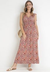 Pomarańczowa Wiskozowa Sukienka Maxi w Kwiaty z Gumką w Pasie Tolira. Brązowe sukienki Born2be, l, bez wzorów, z wiskozy, bez kołnierzyka, bez ramiączek, maxi, rozkloszowane. Za 39.99 zł.