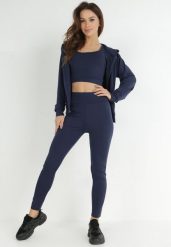 Granatowy Komplet Sportowy 3-częściowy Bluza Legginsy i Top Fika. Niebieskie bluzy sportowe Born2be, l, bez wzorów, z dresówki, z kapturem. Za 64.99 zł.