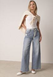 Niebieskie Jeansy z Bawełną o Szerokim Kroju z Wysokim Stanem i Sznurkowym Paskiem Ianaia. Niebieskie jeansy Born2be, l, bez wzorów, z podwyższonym stanem. Za 119.99 zł.