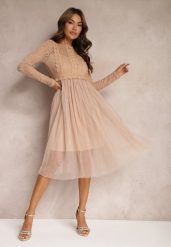 Ciemnobeżowa Elegancka Tiulowa Sukienka o Rozkloszowanym Kroju z Koronką Samelba. Brązowe sukienki Renee, na imprezę, xs, bez wzorów, z koronki, eleganckie, bez kołnierzyka, bez ramiączek, midi, rozkloszowane. W wyprzedaży za 112.49 zł.