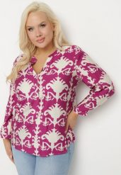 Fioletowa Koszula z Wiskozą w Ornamentalny Wzór z Dekoltem w Serek Iladelle. Fioletowe koszule Born2be, l, bez wzorów, z jeansu, eleganckie, bez kołnierzyka, plus size, bez ramiączek. Za 69.99 zł.
