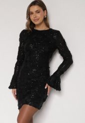 Czarna Cekinowa Sukienka z Kwiatami 3D Naweda. Czarne sukienki Born2be, do pracy, l, bez wzorów, z jeansu, biznesowe, bez kołnierzyka, bez ramiączek. Za 209.99 zł.