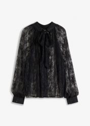 Delikatnie prześwitująca bluzka z koronki. Czarne bluzki bonprix, bez wzorów, z koronki, eleganckie, bez kołnierzyka, bez ramiączek. Za 124.99 zł.