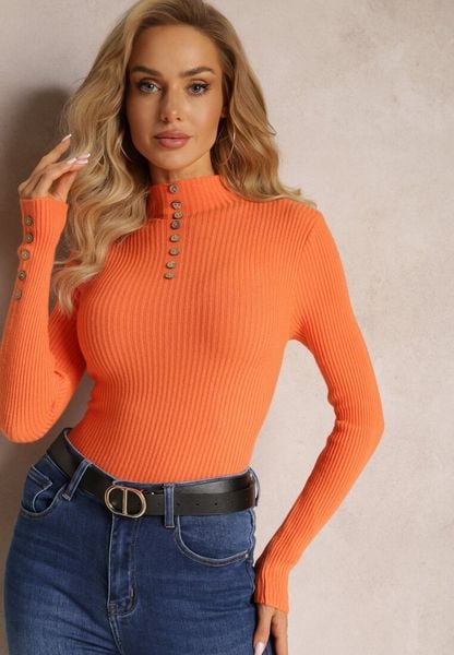 Pomarańczowy Dopasowany Prążkowany Golf z Ozdobnymi Guzikami Agorcja. Brązowe golfy Renee, bez wzorów, z dzianiny, bez ramiączek. Za 29.99 zł.