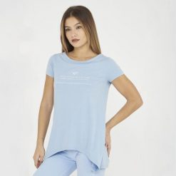 T-shirt gimnastyczny Europa damski jasnoniebieski. Niebieskie t-shirty LEGEA, bez wzorów, z bawełny, bez kołnierzyka, bez ramiączek. Za 56.00 zł.