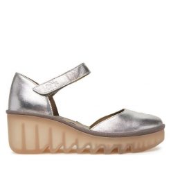 Półbuty Fly London. Szare czółenka Fly London, bez wzorów, bez obcasa, na koturnie, bez zapięcia. Za 449.99 zł.