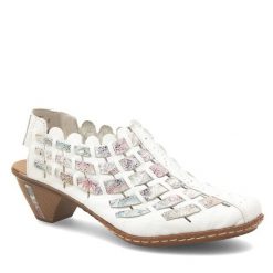 Sandały Rieker. Białe sandały Rieker, bez wzorów, bez obcasa, na słupku, bez zapięcia. Za 339.99 zł.