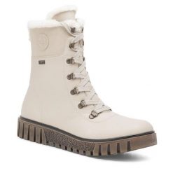 Botki Rieker. Brązowe botki Rieker, bez wzorów, bez obcasa, na płaskiej podeszwie, bez zapięcia. Za 399.99 zł.