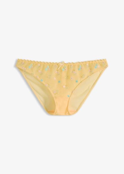 Figi mini z delikatnym haftem. Żółte figi bonprix, bez wzorów. Za 14.99 zł.