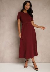 Bordowa Sukienka o Rozkloszowanym Kroju z Ozdobnym Paskiem Desiliena. Czerwone sukienki Renee, na spotkanie biznesowe, m, bez wzorów, z denimu, eleganckie, bez kołnierzyka, bez ramiączek, maxi, kopertowe. Za 89.99 zł.