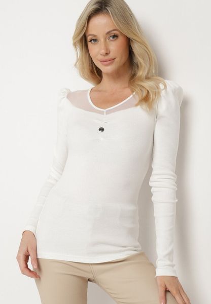 Biała Bawełniana Bluzka z Prążkowanego Materiału z Metaliczną Aplikacją Esaloren. Białe bluzki Born2be, z aplikacjami, z bawełny, klasyczne, bez kołnierzyka, bez ramiączek. Za 29.99 zł.