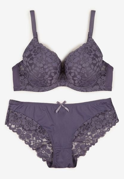 Fioletowy Koronkowy Komplet Biustonosz i Majtki Figi w Klasycznym Stylu Ezirene. Fioletowe figi Renee, z aplikacjami, z jeansu. Za 39.99 zł.