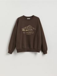 Bluza z haftem - ciemnobrązowy. Brązowe bluzy sportowe Reserved, l, bez wzorów, z bawełny, bez kaptura. Za 119.99 zł.