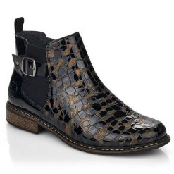 Skórzane sztyblety damskie lakierowane Rieker Z4965-90. Botki Rieker, bez wzorów, z lakierowanej skóry, bez obcasa, bez zapięcia. Za 379.00 zł.