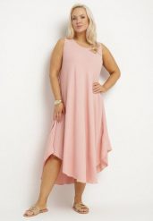 Różowa Rozkloszowana Sukienka z Bawełną Nairilo. Czerwone sukienki Born2be, na spacer, na lato, xl, bez wzorów, z bawełny, eleganckie, bez kołnierzyka, bez ramiączek, midi, rozkloszowane. Za 74.99 zł.