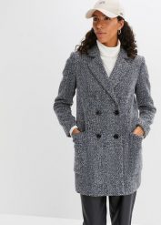 Krótki płaszcz z materiału w optyce wełny. Szare płaszcze bonprix, bez wzorów, z wełny, bez kaptura. Za 299.99 zł.