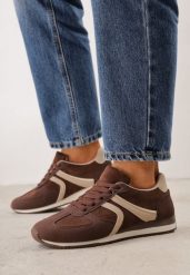 Brązowe Sneakersy Sportowe z Imitacji Zamszu z Geometrycznymi Wstawkami Shanoom. Brązowe obuwie sportowe Born2be, z dzianiny, bez zapięcia. Za 119.99 zł.