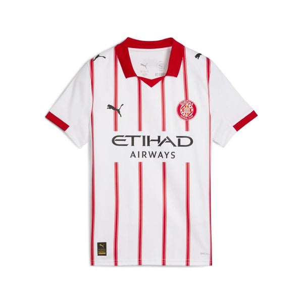 Młodzieżowa koszulka domowa Girona FC 25/26 PUMA. Biała bluzki Puma, l, bez wzorów, klasyczne, bez kołnierzyka, bez ramiączek. Za 339.00 zł.