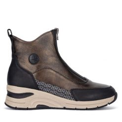 Botki Rieker. Brązowe botki Rieker, bez wzorów, bez obcasa, na koturnie, bez zapięcia. Za 379.99 zł.