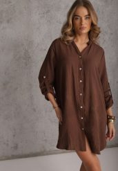 Brązowa Pudełkowa Sukienka Bawełniana Oversize z Dekoltem w Serek Elavellis. Brązowe sukienki Renee, na co dzień, m, bez wzorów, z bawełny, eleganckie, bez kołnierzyka, bez ramiączek, mini, oversize. Za 109.99 zł.