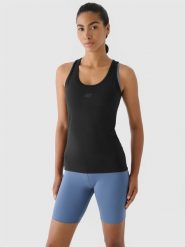 4F Top slim treningowy damski - czarny L. Czarne koszulki sportowe 4f, bez wzorów, z dzianiny, bez ramiączek, na fitness i siłownię. Za 69.99 zł.