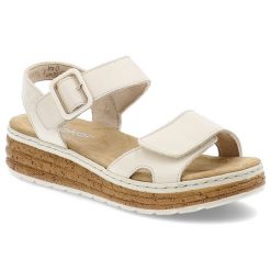 Beżowe Sandały Rieker Wygodne Obuwie Damskie Zapinane Na Rzep. Brązowe sandały Rieker, bez wzorów, z jeansu, eleganckie, bez obcasa, na koturnie, bez zapięcia. Za 287.99 zł.