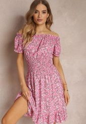 Różowa Bawełniana Sukienka Midi Hiszpanka z Gumką w Pasie Dnise. Czerwone sukienki Renee, l, bez wzorów, z bawełny, bez kołnierzyka, bez ramiączek, midi. Za 39.99 zł.