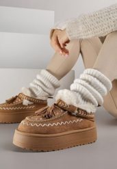 Brązowe Śniegowce na Grubej Podeszwie z Frędzlami i Haftem Linodis. Brązowe trapery i śniegowce Born2be, z jeansu. Za 119.99 zł.