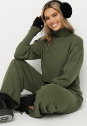 Zielony Komplet Dzianinowy z Wiskozą Bluza Golf ze Ściągaczami i Szerokie Spodnie Noridra. Zielone bluzy Born2be, bez wzorów, z dzianiny, bez kaptura. Za 89.99 zł.