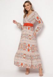 Jasnobeżowa Sukienka Rozkloszowana z Paskiem Nazene. Brązowe sukienki Born2be, l, bez wzorów, z materiału, boho, bez kołnierzyka, bez ramiączek, maxi, kopertowe. Za 139.99 zł.