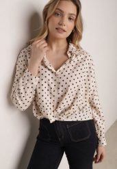 Beżowa Wiskozowa Koszula w Kropki z Ozdobnym Węzłem Corilis. Brązowe koszule Born2be, l, bez wzorów, z materiału, casualowe, bez kołnierzyka, bez ramiączek. Za 109.99 zł.