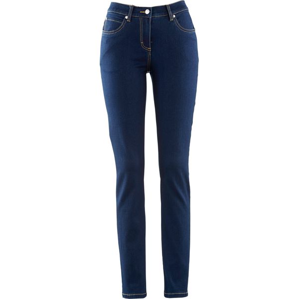 Dżinsy o kroju slim fit, mid waist, z dużą zawartością stretchu. Niebieskie jeansy bonprix, bez wzorów. Za 139.99 zł.