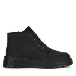 Trzewiki Rieker. Czarne botki Rieker, bez wzorów, bez obcasa, na płaskiej podeszwie, bez zapięcia. Za 335.00 zł.