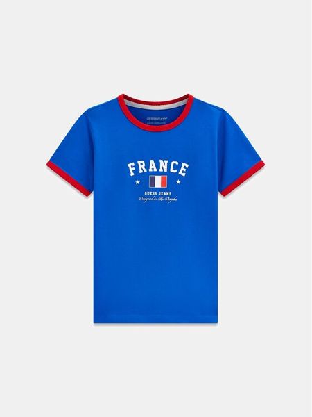 Guess Jeans T-Shirt W6YI16 K3995 Niebieski Slim Fit. Niebieskie t-shirty Guess Jeans, s, z aplikacjami, z bawełny, bez kołnierzyka, bez ramiączek. Za 143.99 zł.