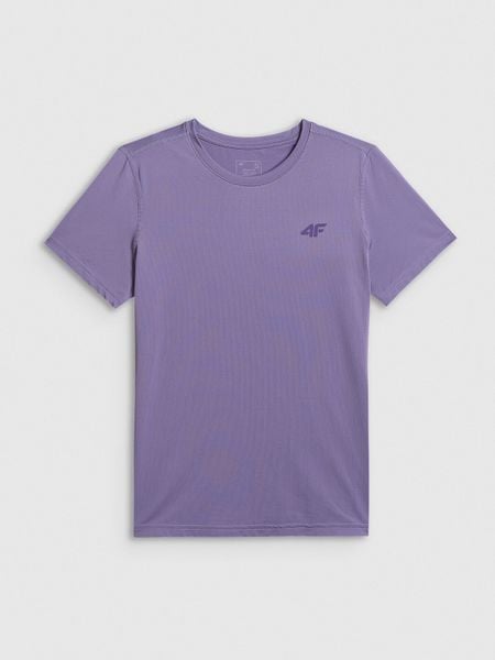 4F Koszulka treningowa regular szybkoschnąca damska - fioletowa XS. Fioletowe bluzki 4f, xs, bez wzorów, bez kołnierzyka, bez ramiączek. Za 79.99 zł.