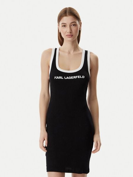 KARL LAGERFELD Sukienka codzienna B2W46087 Czarny Slim Fit. Czarne sukienki KARL LAGERFELD, na co dzień, s, bez wzorów, z bawełny, bez kołnierzyka, bez ramiączek, proste. Za 280.99 zł.