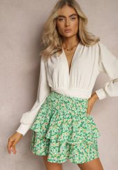 Zielona Spódnica Mini o Rozkloszowanym Fasonie z Falbankami i Nadrukiem w Kwiaty Gwaelen. Zielone spódnice Renee, na co dzień, m, bez wzorów, eleganckie, mini, proste. Za 39.99 zł.