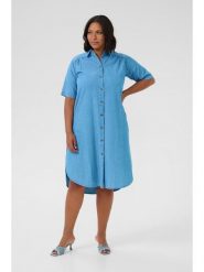 KAFFE curve Sukienka dżinsowa w kolorze błękitnym rozmiar: 46. Niebieskie sukienki KAFFE curve, bez wzorów, z bawełny, bez kołnierzyka, bez ramiączek, midi. Za 126.99 zł.