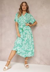 Miętowo-Zielona Rozkloszowana Sukienka w Kwiaty z Falbaną Humina. Zielone sukienki Renee, na co dzień, l, bez wzorów, z wiskozy, eleganckie, bez kołnierzyka, bez ramiączek, midi, rozkloszowane. Za 59.99 zł.