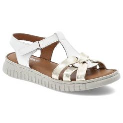 Sandały damskie Artiker, na lekkiej platformie skórzane zapinane na rzepy, biało-złote, 56C0854. Białe sandały Artiker, bez wzorów, ze skóry, eleganckie, bez obcasa, bez zapięcia. Za 199.00 zł.